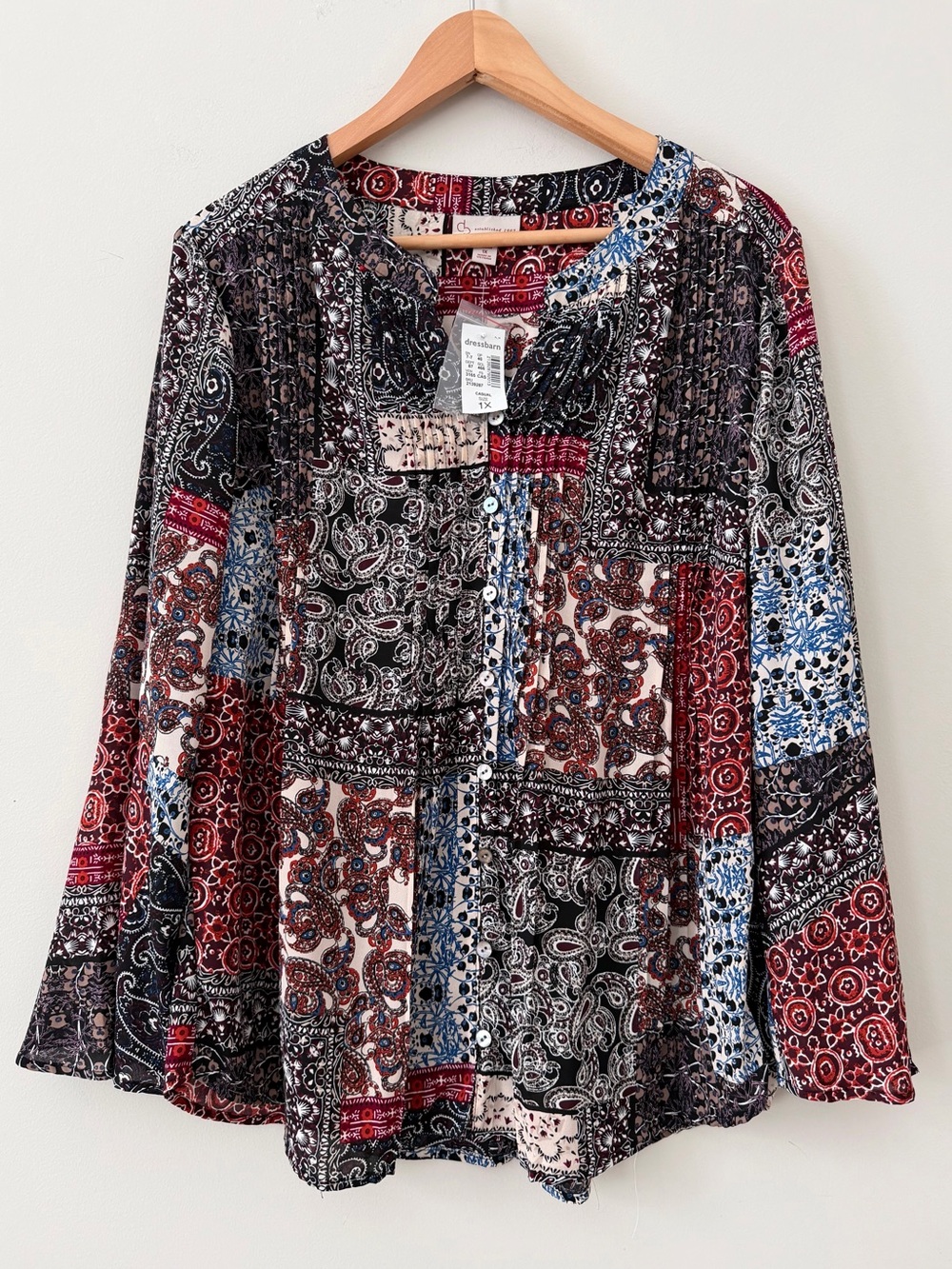 Dressbarn Boho Pintuck Pleated Patchwork Print Long Sleeve Button Down Blouse 1X